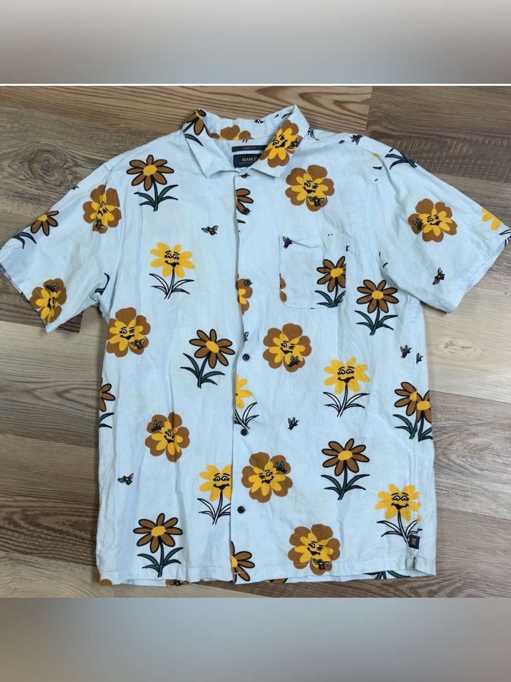 Roark "Liquid Gold" Sunflower Floral Camp Shirt Mens L Light Blue Cotton Linen